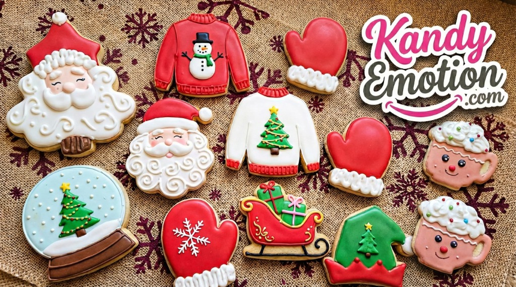 Espíritu Navideño: Set de galletas decoradas a mano con detalles festivos (Santa, Esferas, Suéteres).