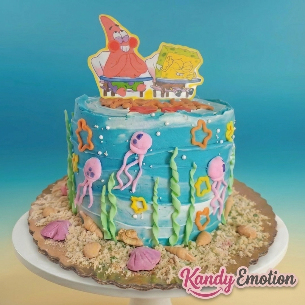 Fondo de Bikini: Bob Esponja y Patricio celebrando bajo el mar con medusas de azúcar.