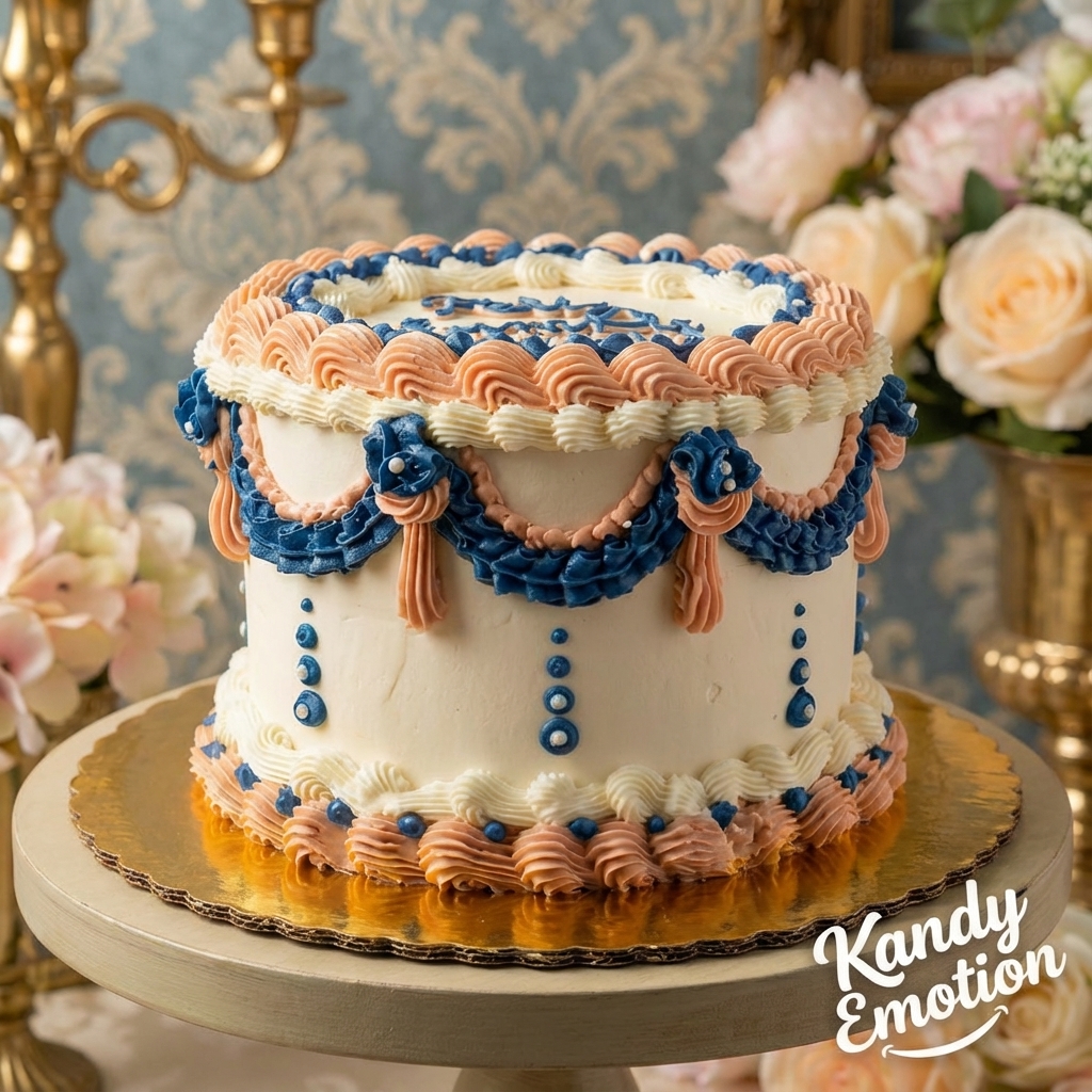 Elegancia Lambeth: Un diseño vintage clásico con olanes de betún en azul y durazno.